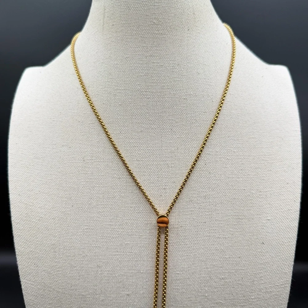 Gold Tone Adjustable Bolo Lariat Necklace Box Chain Tassel Minimalist Jewelry